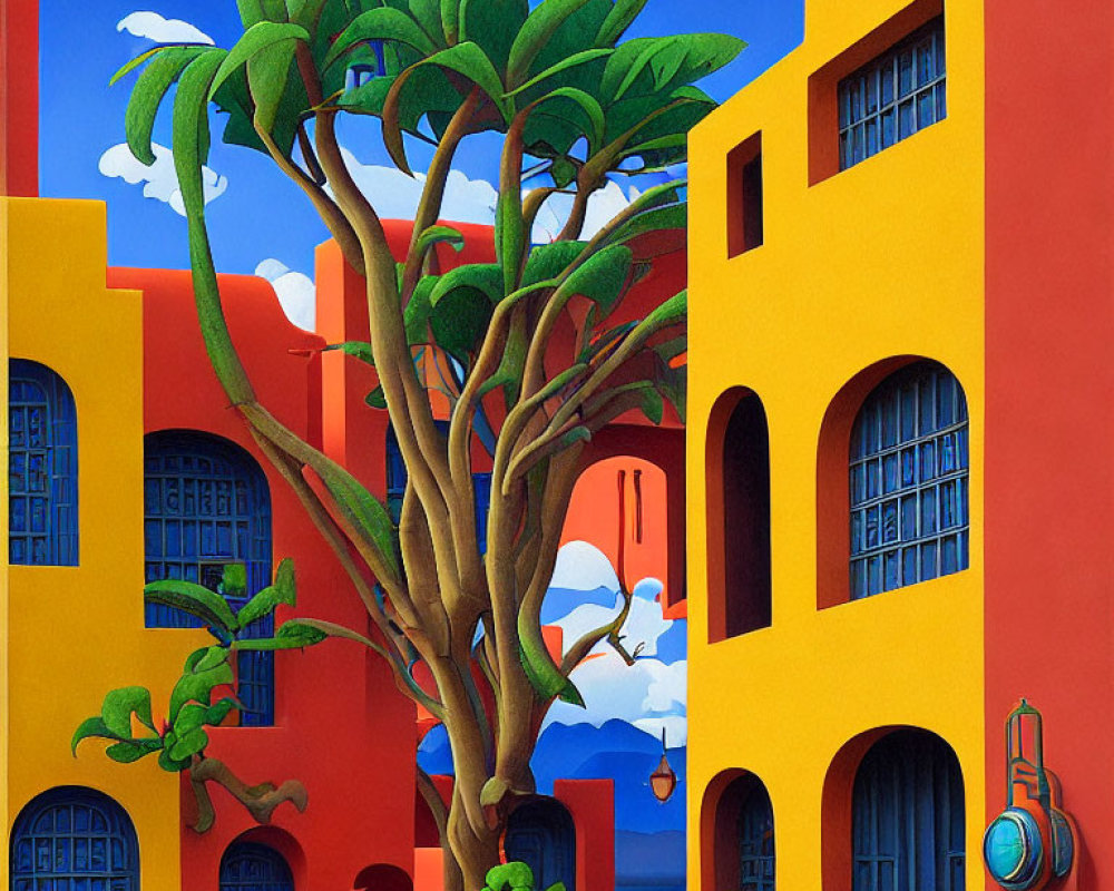 Colorful animated scene with green tree, red-orange buildings, blue sky, fluffy clouds, and cres