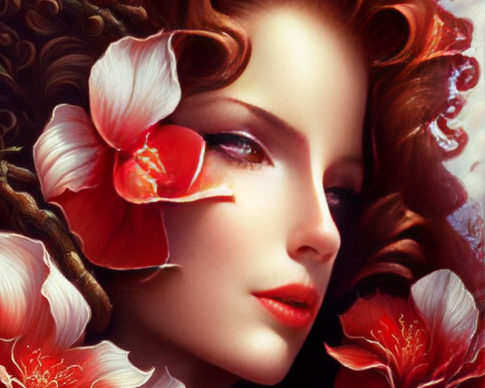 Digital artwork: Woman with green eyes, red hair, white & pink flower, red & white blooms