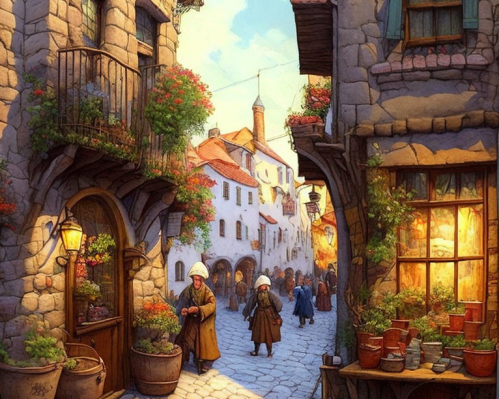 Detailed Medieval Street Scene with Townsfolk and Stone Buildings