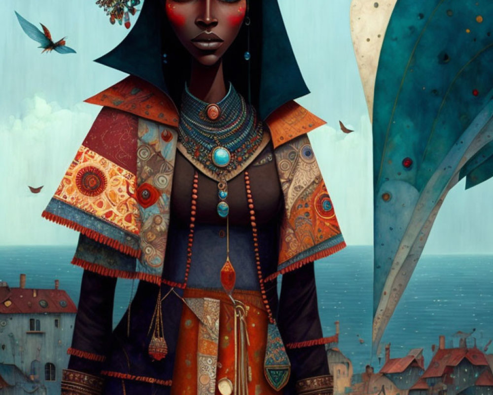 Dark-skinned woman in colorful attire with intricate jewelry in whimsical coastal scene.