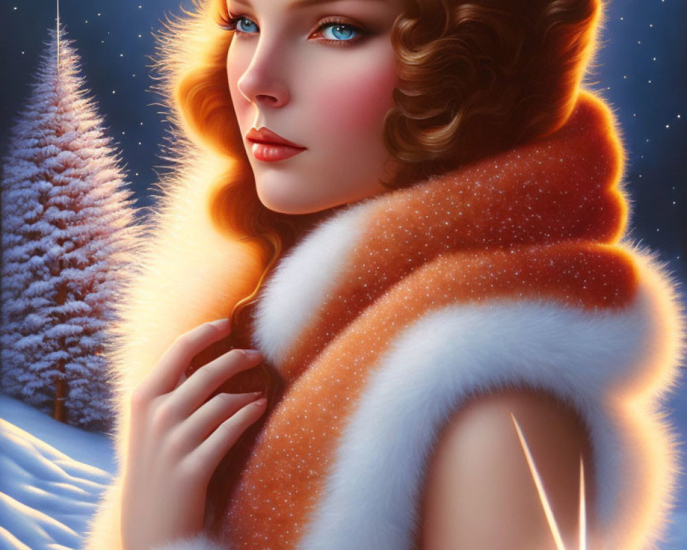 Digital artwork of woman with blue eyes in white fur coat against snowy twilight backdrop.