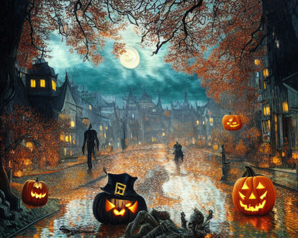 Moonlit Halloween-themed cobblestone street with jack-o'-lanterns and spooky trees