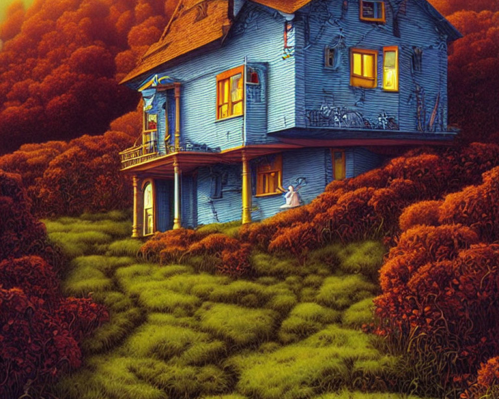 Whimsical Blue House in Surreal Forest Setting