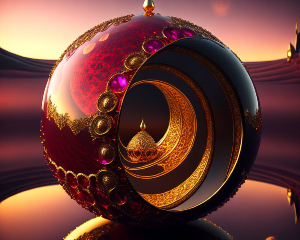 Ornate sphere with gold detailing and vibrant gems on smooth surface