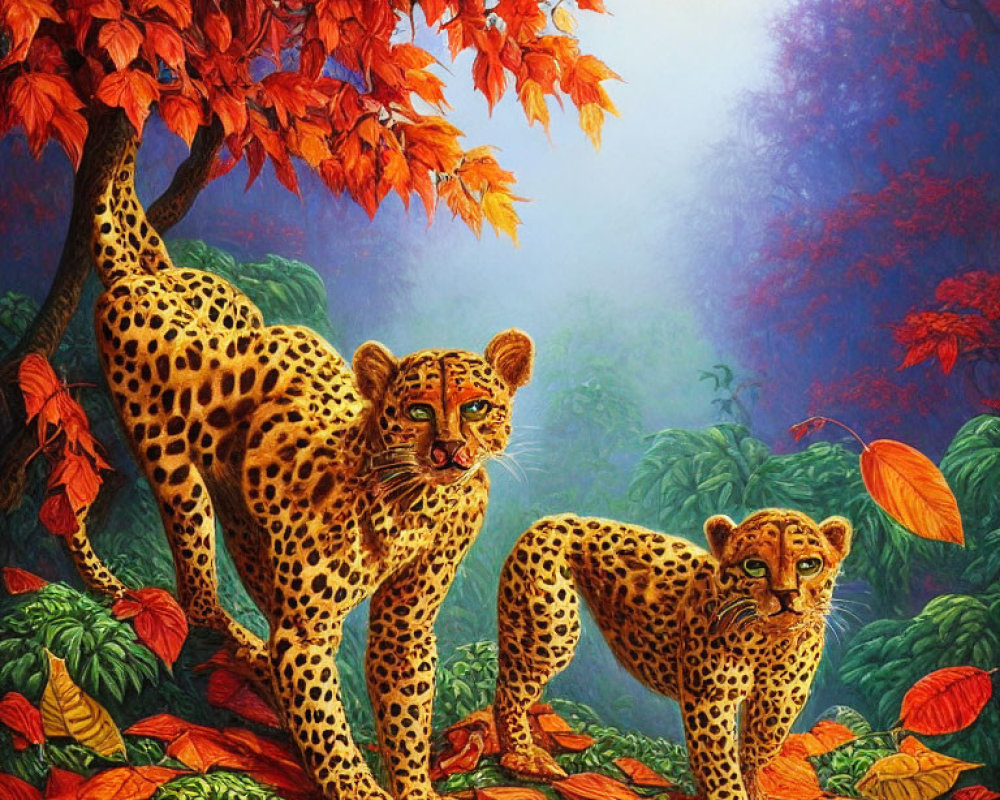 Vibrant spotted leopards in misty forest foliage