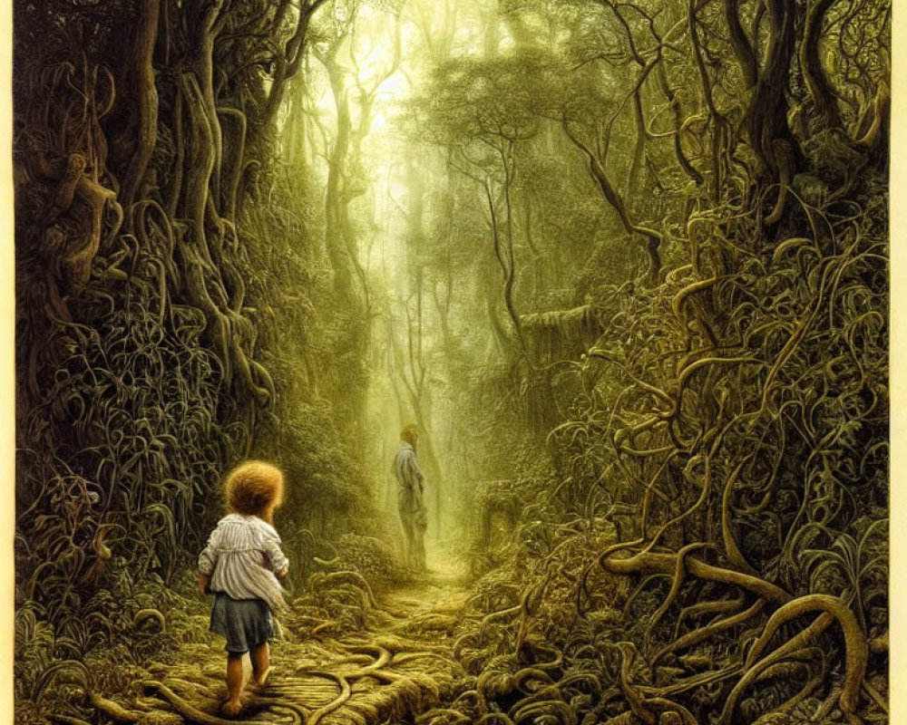 Child at forest path entrance with twisted roots and ethereal light
