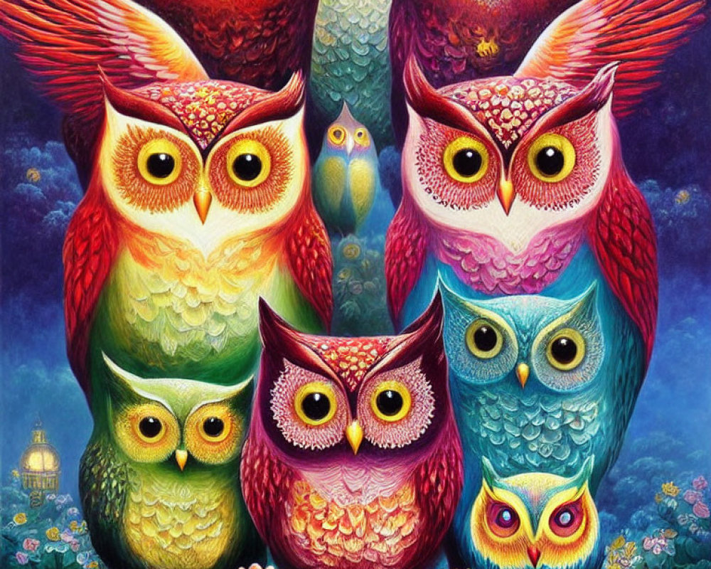 Whimsical owl painting with vibrant plumage and expressive eyes