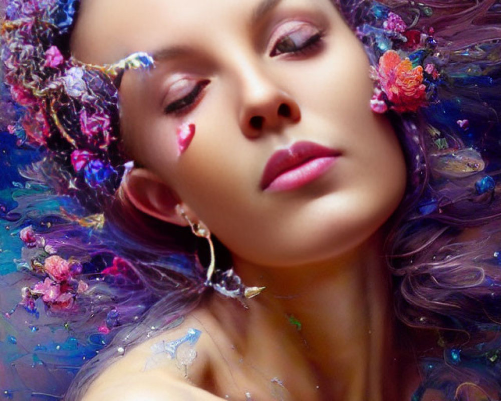 Woman with floral adornments and petal tear in colorful, artistic swirl.