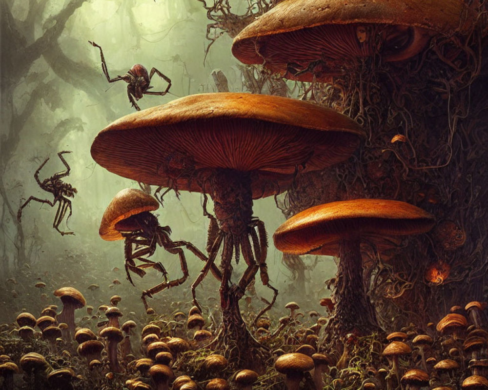 Fantastical forest with oversized mushrooms and insect-like creatures