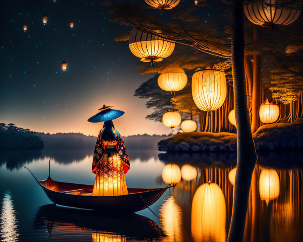 Traditional Attire Figure in Boat Under Glowing Lanterns on Serene Night Lake