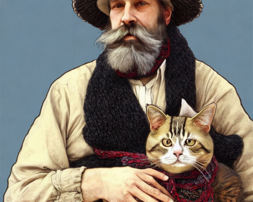 Bearded man in straw hat holding cat with red scarf on blue background