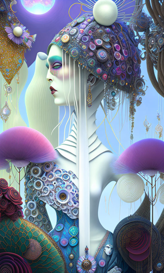 Surreal Female Figure Artwork with Ornamented Headdress & Cosmic Flora