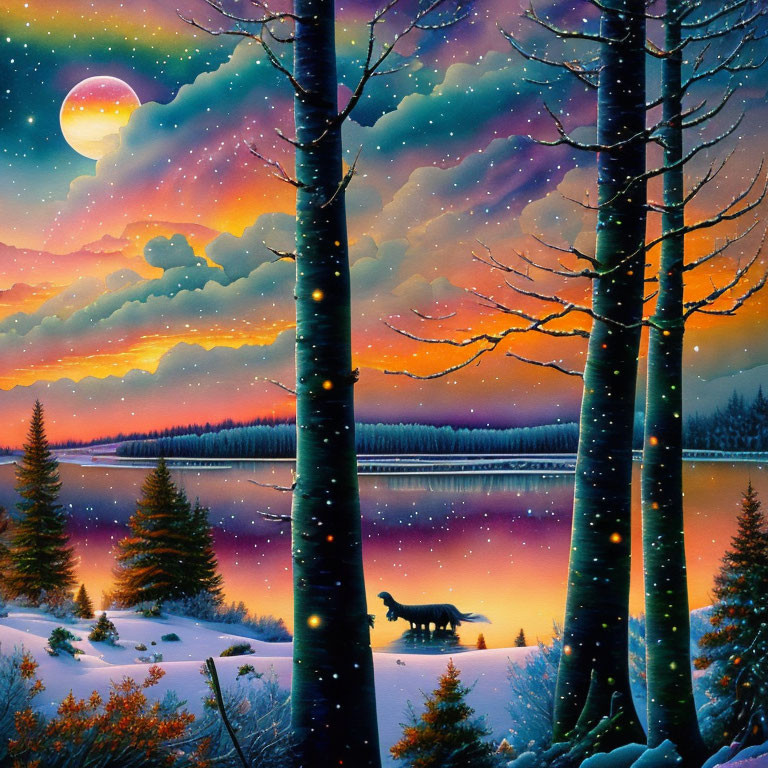 Snowy Landscape Painting with Howling Wolf, Colorful Sky, and Moon