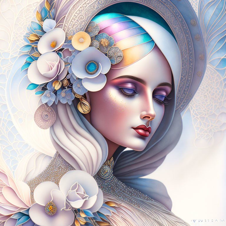 Stylized woman with pastel headscarf and rainbow on floral background