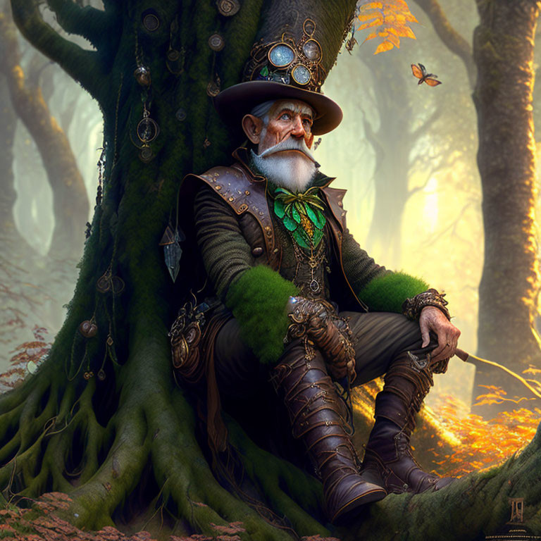 Elderly bearded fantasy character in ornate clothing in enchanted forest