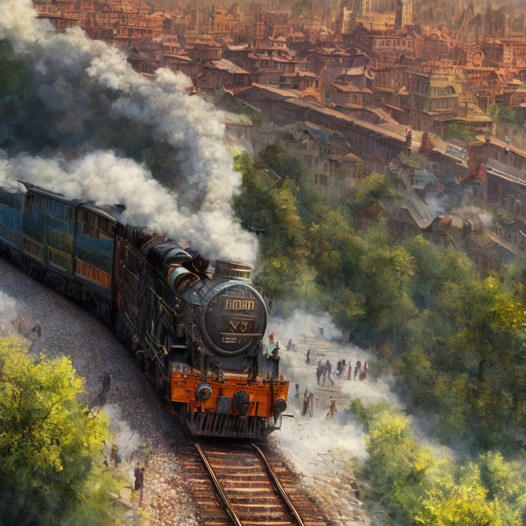 Vintage steam locomotive in historic town with smoke, people, and old buildings in warm light