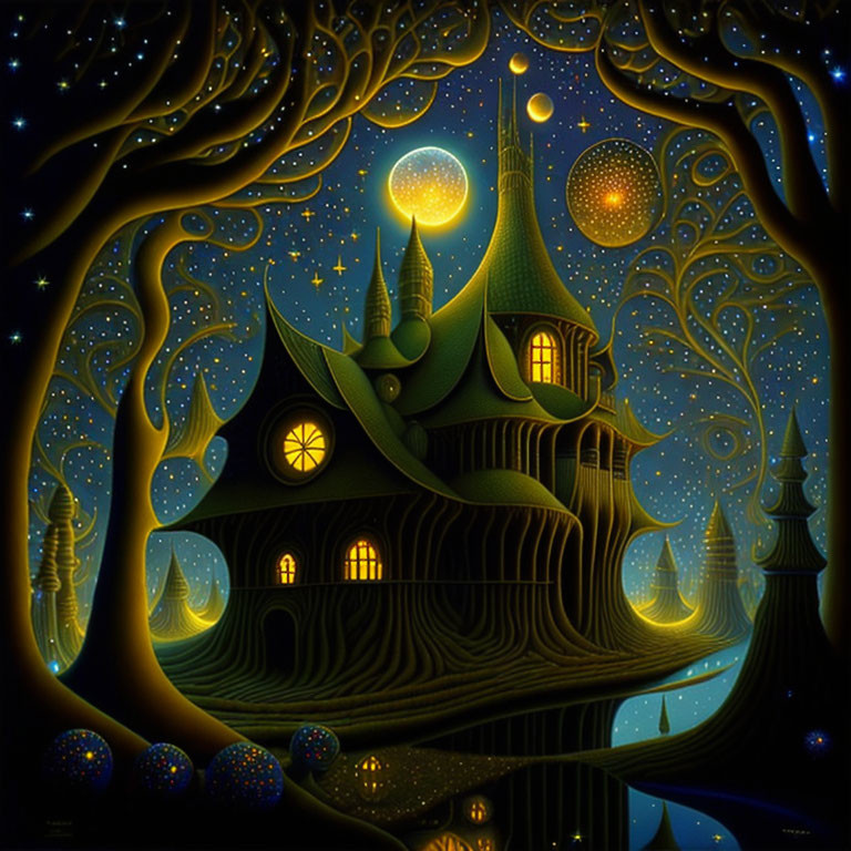 Fantastical treehouse illustration with glowing windows in starry night sky