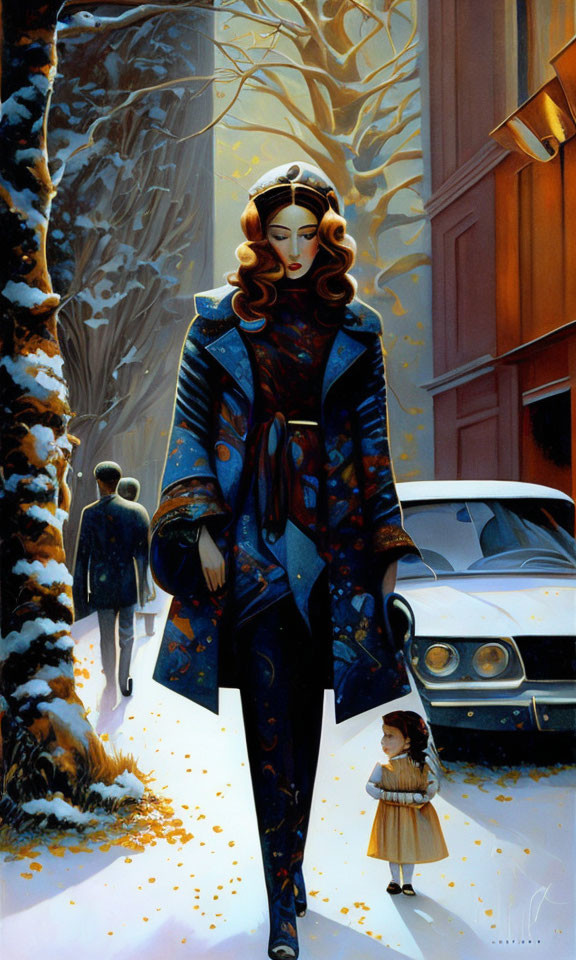 Illustration of woman in blue coat with handbag on snowy street