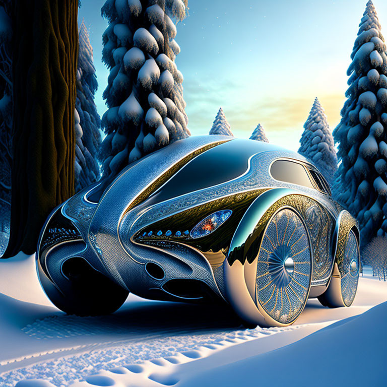 Futuristic ornate vehicle on snowy forest path at twilight