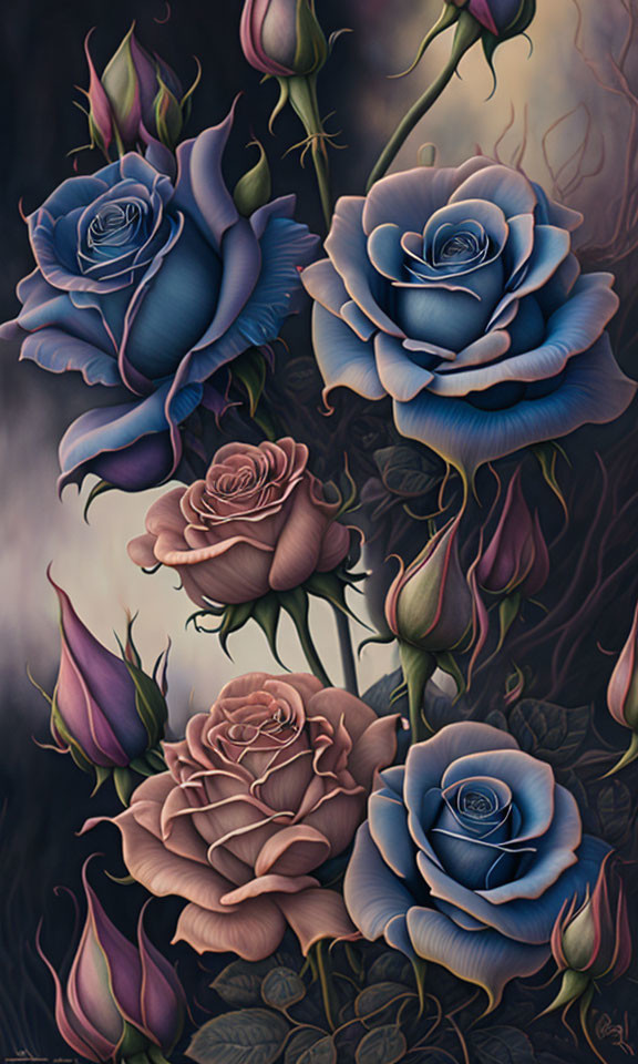 Stylized blue and mauve roses with intricate dark stems and leaves.