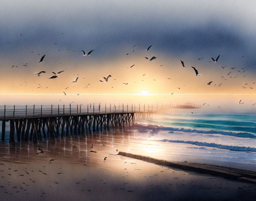 Scenic beach sunset with birds, wooden pier, and sunlit water