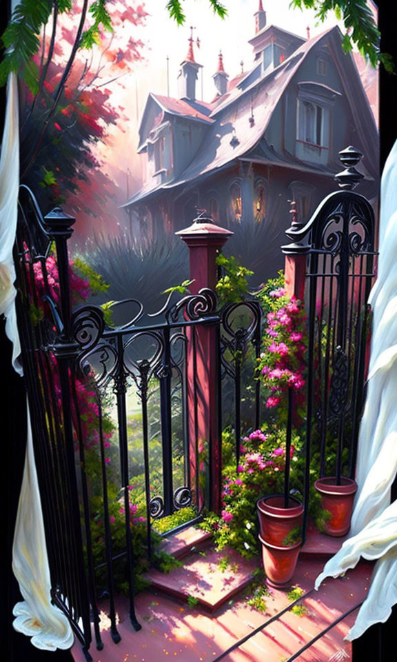 Ornate wrought iron gate and Victorian house surrounded by lush plants and colorful flowers