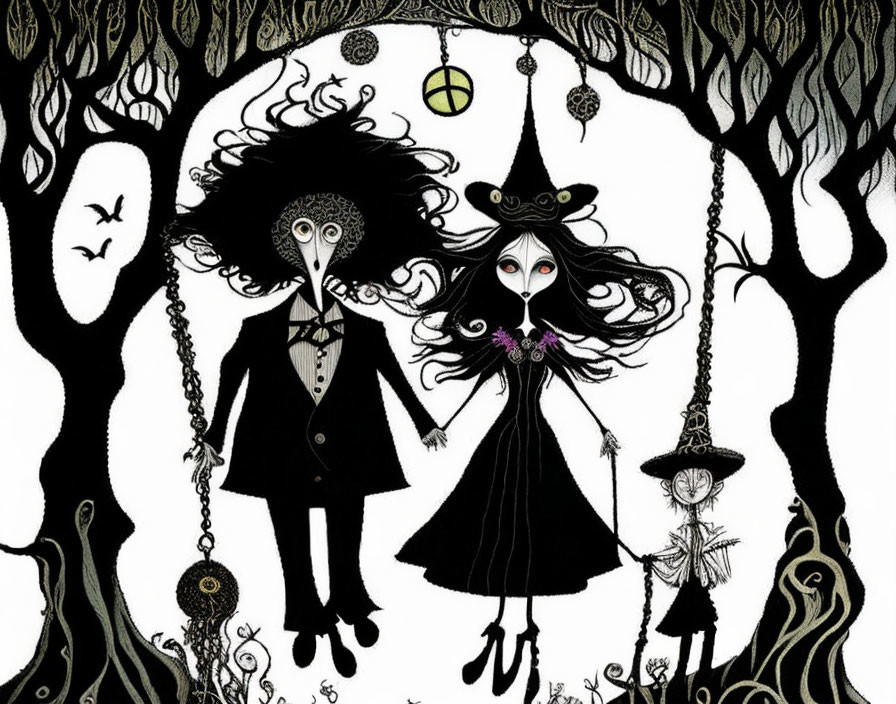 Monochromatic illustration of tall man, woman, and child with ghostlike faces in eerie setting.