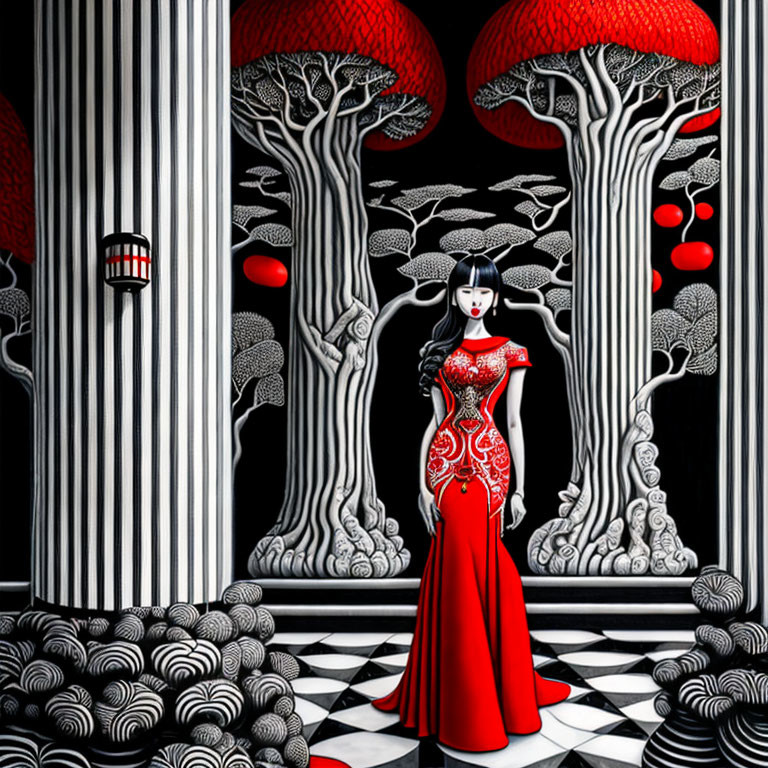 Woman in red traditional dress in surreal forest with red trees.