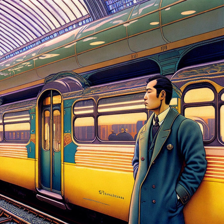 Colorful illustration of man in suit at train station with detailed train and roof