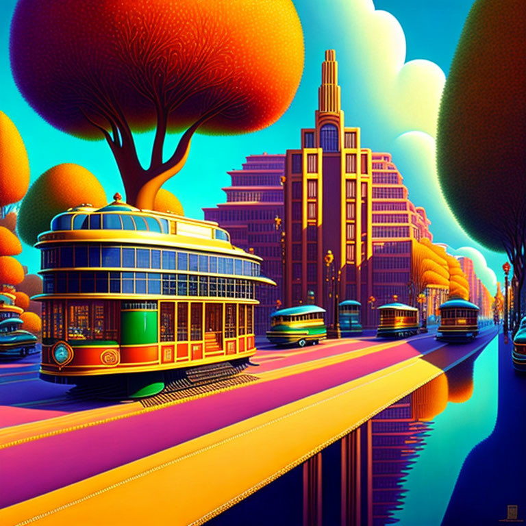 Colorful art deco cityscape with autumnal trees, diner, and streetcars in vivid blues,