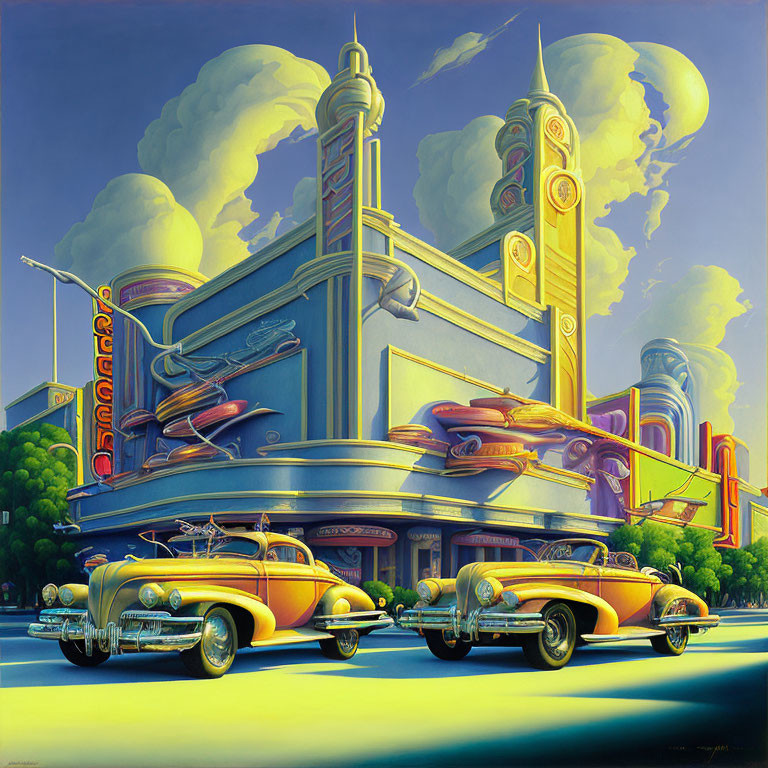 Colorful retro-futuristic artwork with vintage diner, classic cars, and stylized clouds.