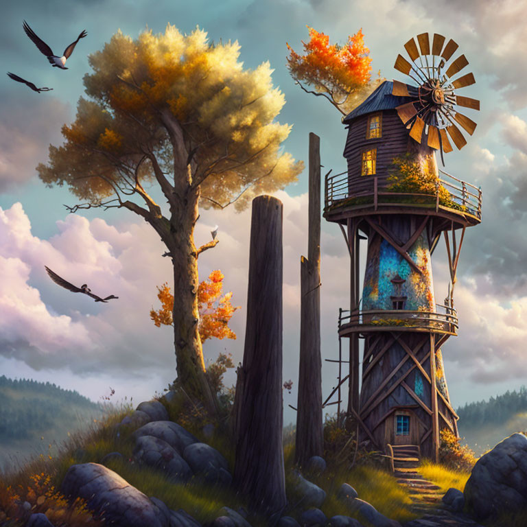 Multilevel treehouse painting with windmill, autumn trees, birds, mystical forest