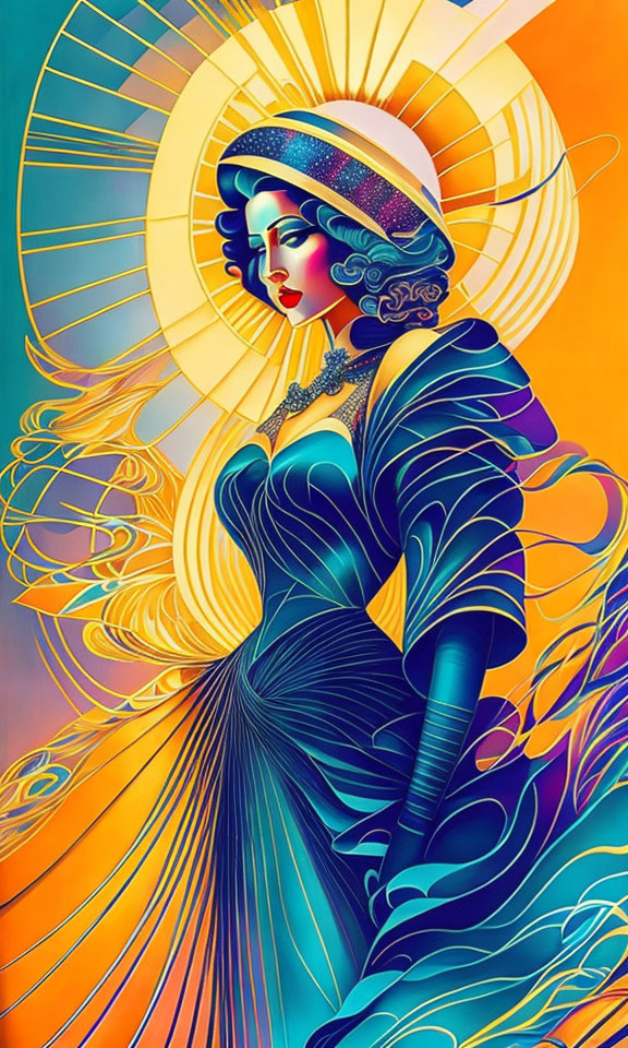 Colorful Art Deco Woman with Halo in Blue Dress & Geometric Patterns