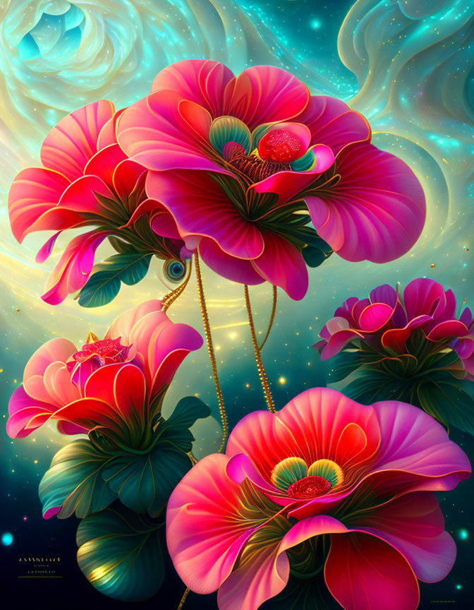 Stylized red flowers in digital art with celestial backdrop