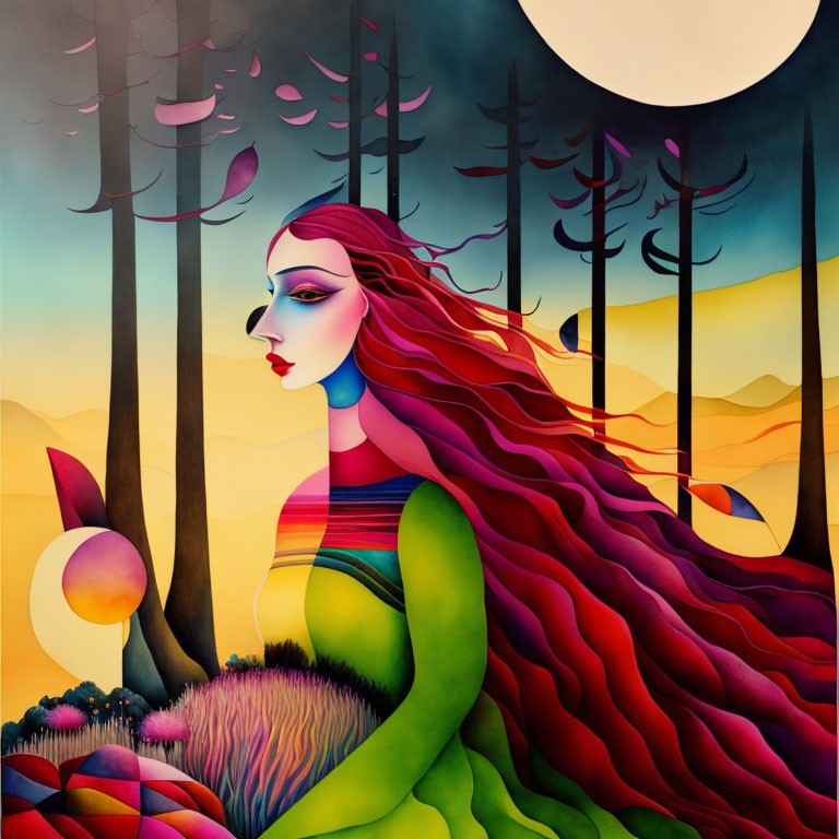 Vibrant surreal illustration blends woman with nature and moon