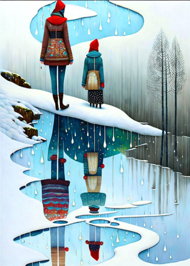 Stylized figures in surreal snowy landscape with upside-down trees and icicles