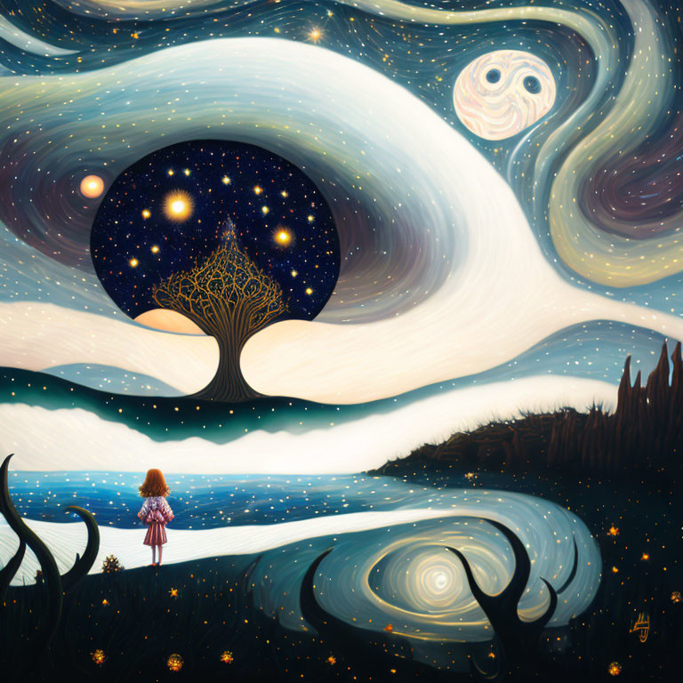 Girl in surreal landscape with starry sky, glowing tree, and white ribbon