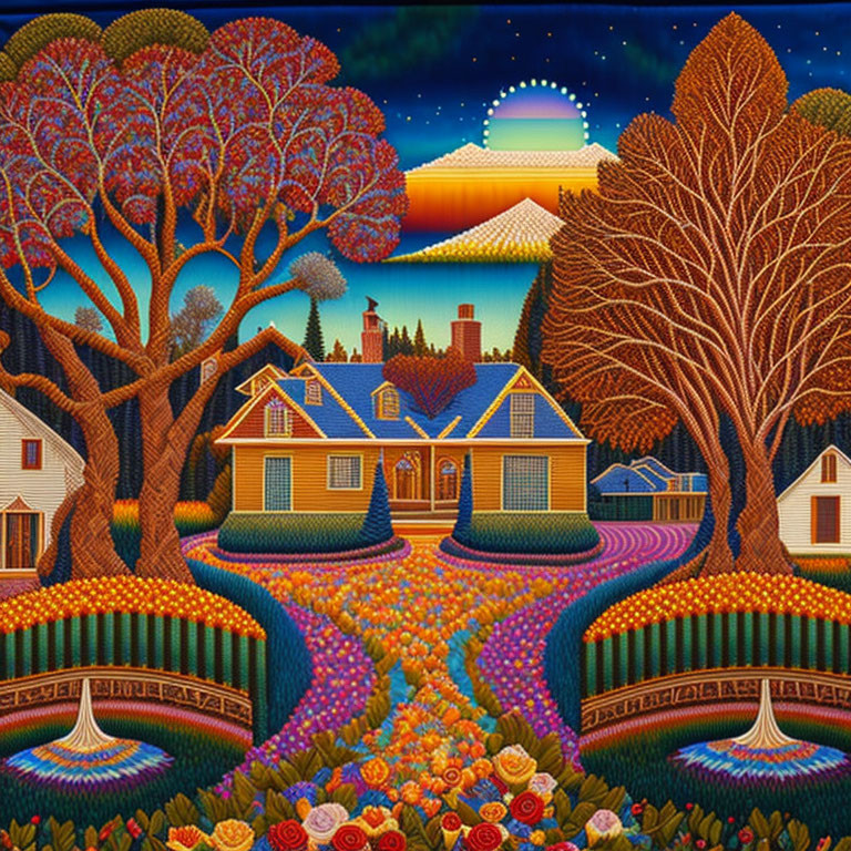 Colorful artwork of whimsical landscape with patterned trees, house, floral hills, and sunset sky