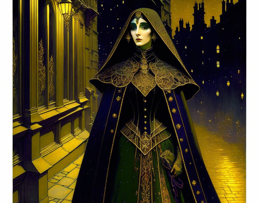 Illustrated woman in ornate cloak in night-time cityscape