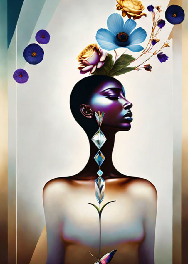 Woman with Purple Skin and Floral Crown and Geometric Floral Stem Portrait