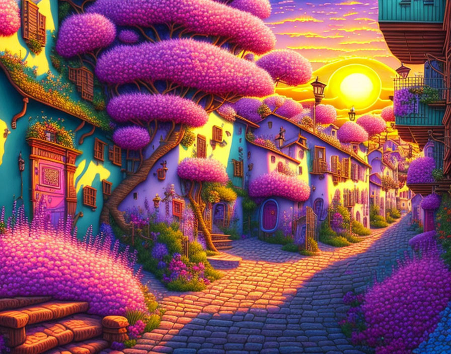 Colorful village street at sunset with cobblestone paths, purple mushroom-like trees, and vibrant orange