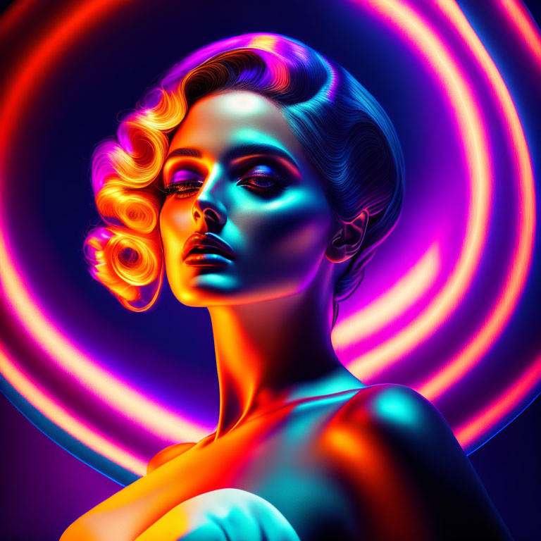 Vibrant neon-lit portrait of a woman with swirling halo effect and retro hairstyle