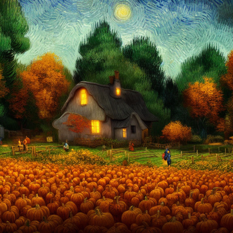 Quaint cottage in pumpkin field under starry sky