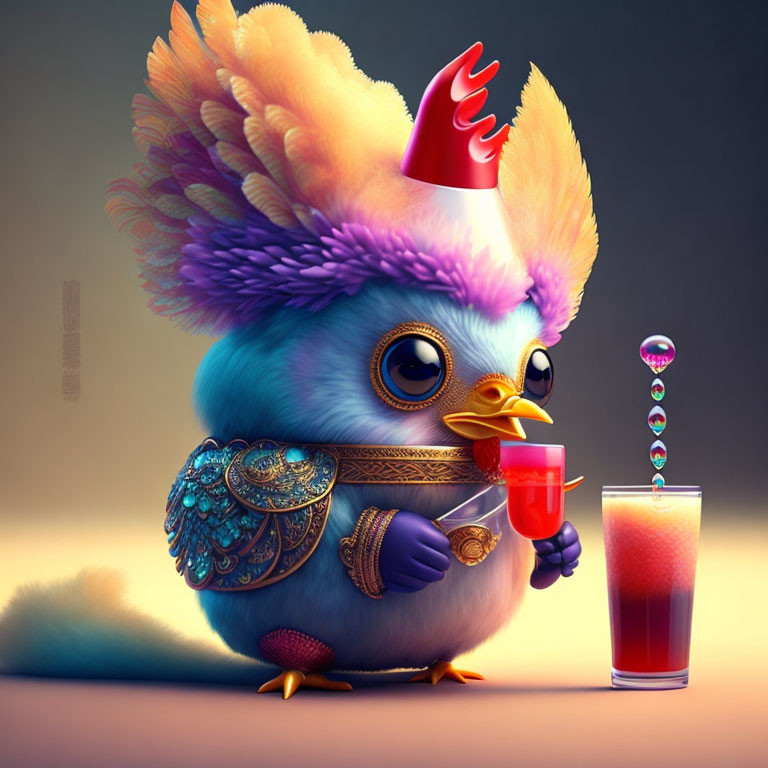 Colorful Crest Bird in Party Hat Sipping Juice