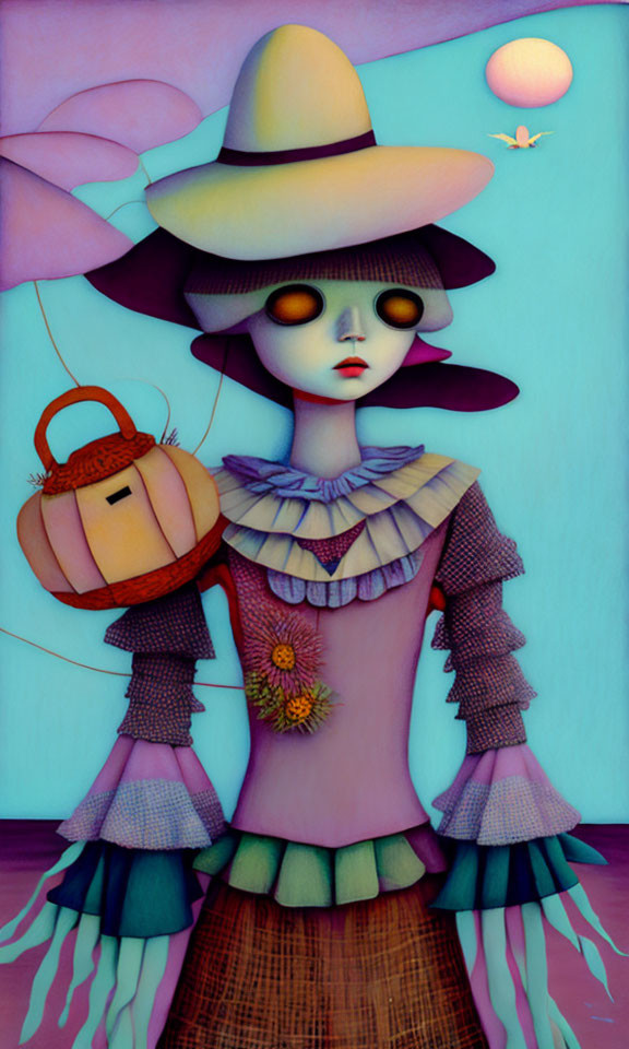 Stylized woman with oversized sunhat in surreal painting