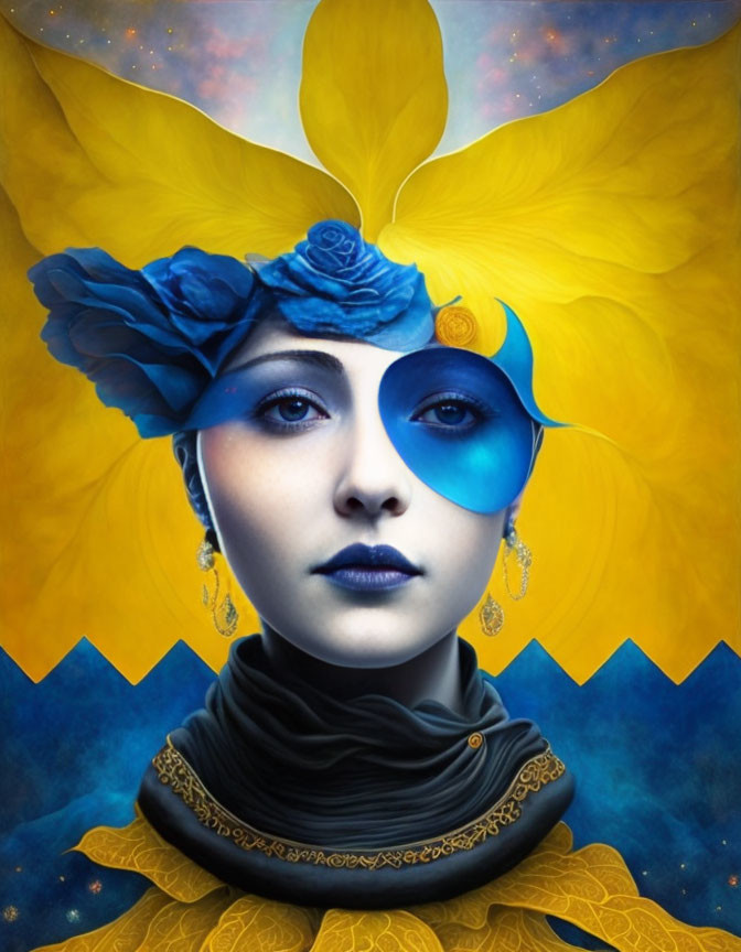 Portrait of a person with blue facial makeup and yellow floral headpiece.