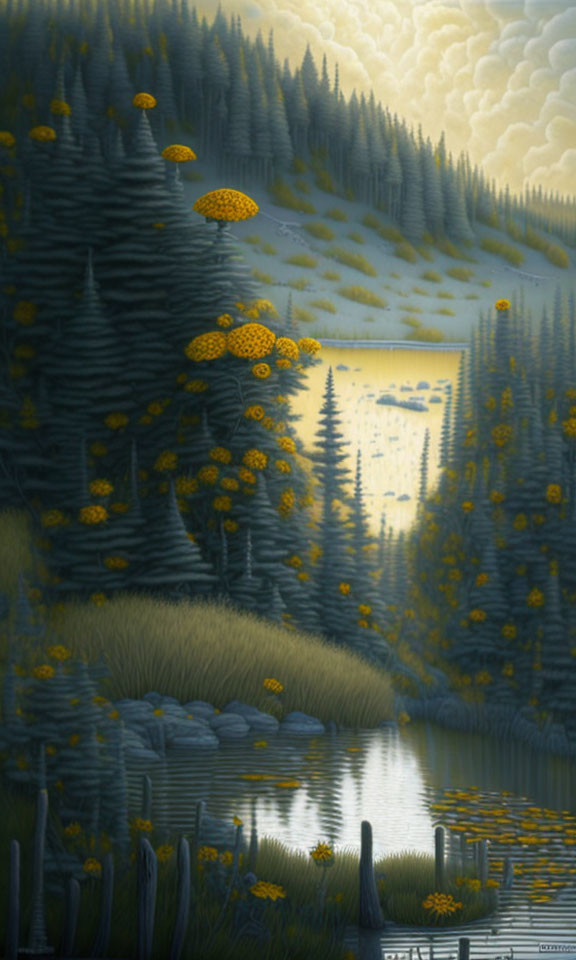 Tranquil forest landscape with tall pine trees, yellow flowers, and serene lake.