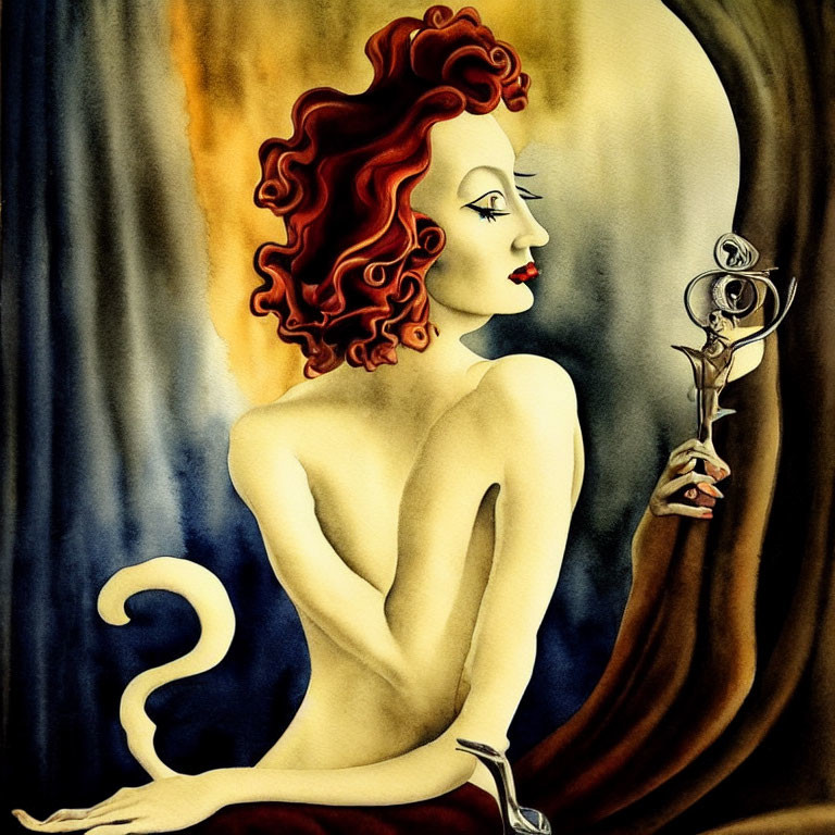 Stylized painting of woman with red curly hair holding wine glass on abstract moonlit background