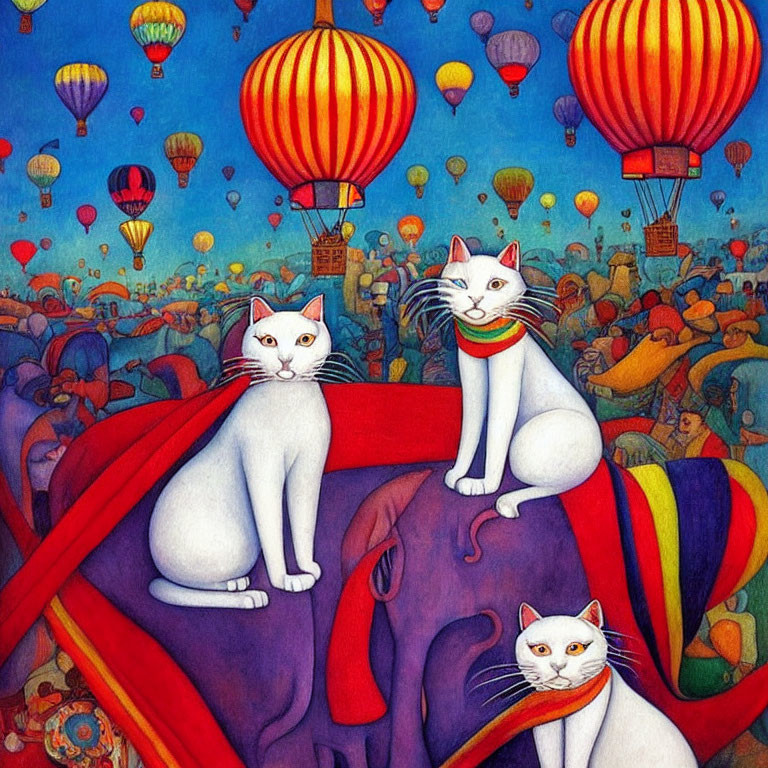 Three White Cats on Colorful Hot Air Balloon Basket with Sky Full of Balloons