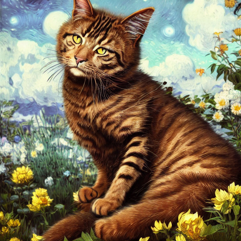 Digital Image: Cat with Human-Like Eyes in Vibrant Flower Field